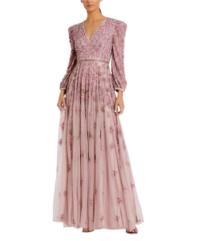 Embellished V Neck 3/4 Sleeve A Line Gown