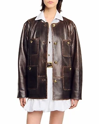 Sandro Long Distressed Leather Jacket