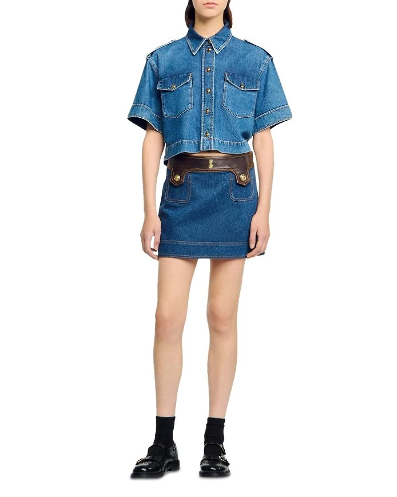 Leather Trim Mini Denim Skirt
