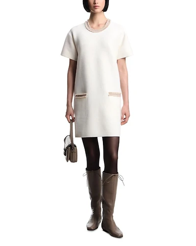 Ottoman Stitch Knit Dress with Fringe Details