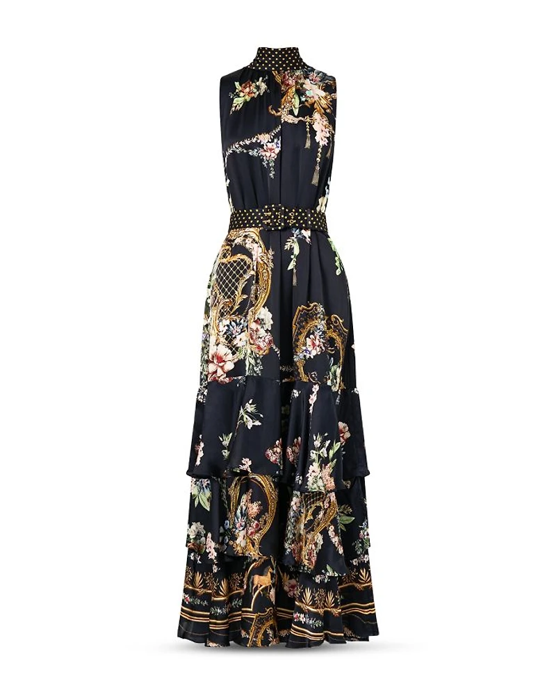 Silk High Neck Tiered Ruffle Dress