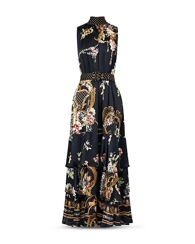 Silk High Neck Tiered Ruffle Dress