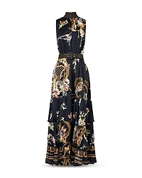 Silk High Neck Tiered Ruffle Dress