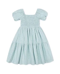 Hope & Henry Girls' Linen Smocked Short Bubble Sleeve Dress - Little Kid, Big Kid
