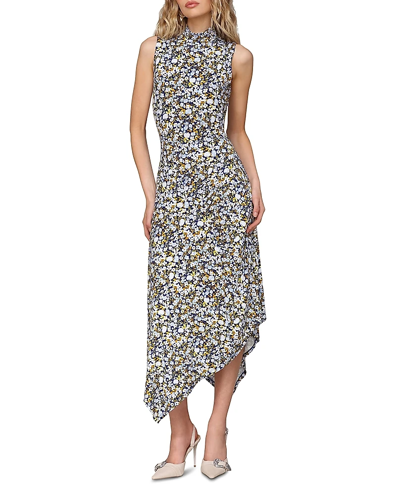 Avec Les Filles Printed Mock Neck Asymmetric Midi Dress