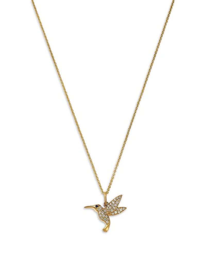 14K Yellow Gold Diamond & Blue Sapphire Hummingbird Pendant Necklace, 18"