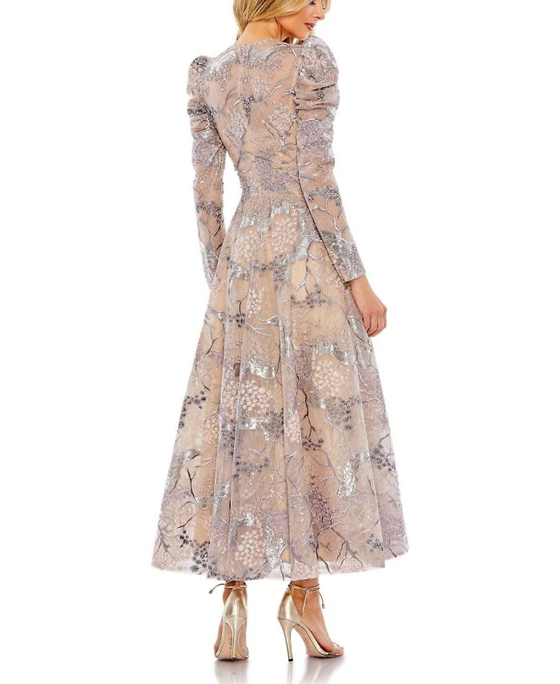 Embellished High Neck Puff Sleeve A-Line Dress