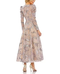 Embellished High Neck Puff Sleeve A-Line Dress