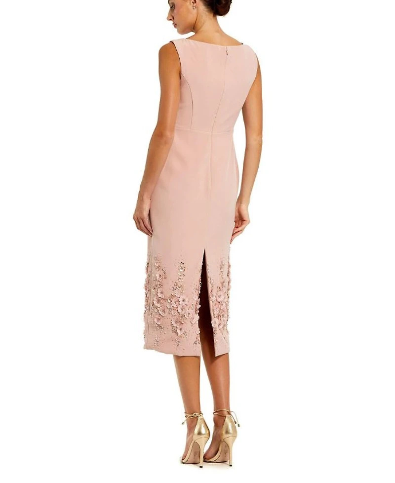 Crepe Sleeveless Midi Dress with Flower Beading