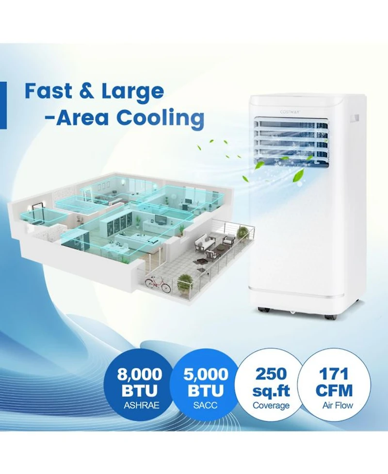 8000 BTU Portable Air Conditioner with Dehumidifier & Fan Mode, up to 250 Sq.Ft