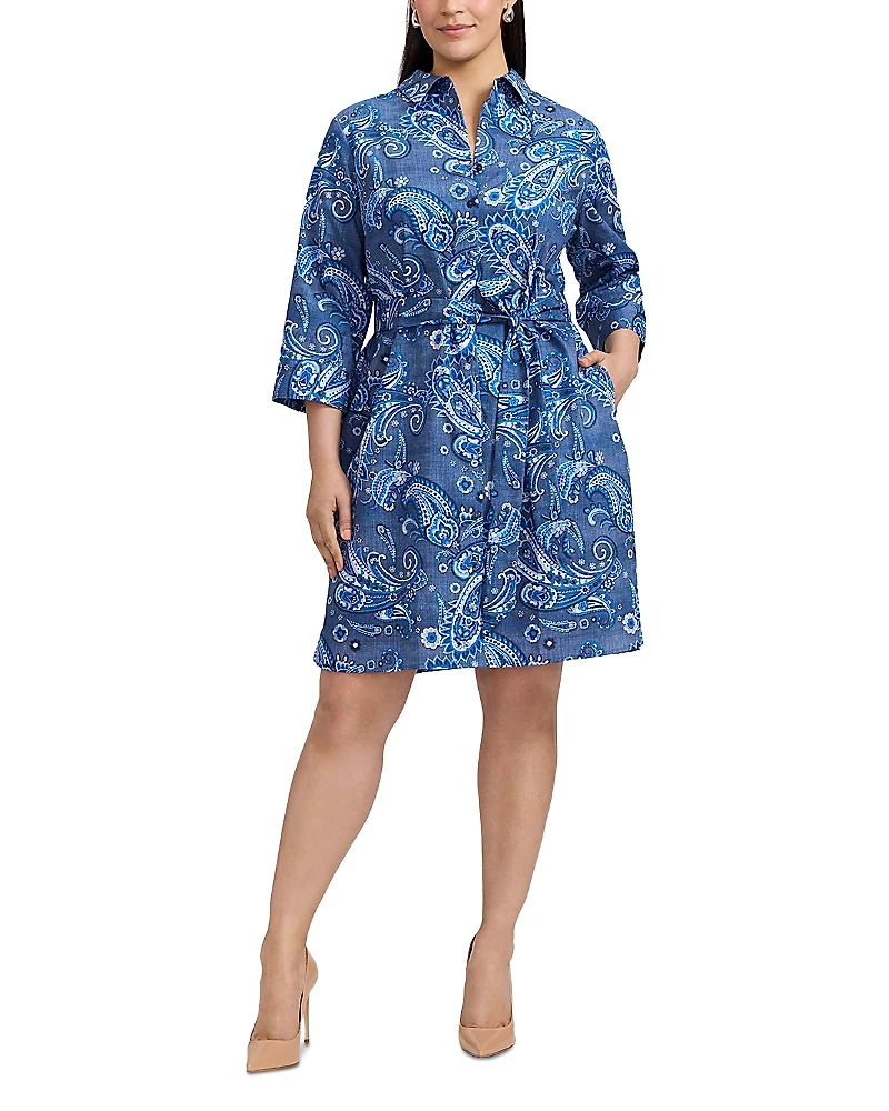 Foxcroft Plus Paisley Button Front 3/4 Sleeve Dress