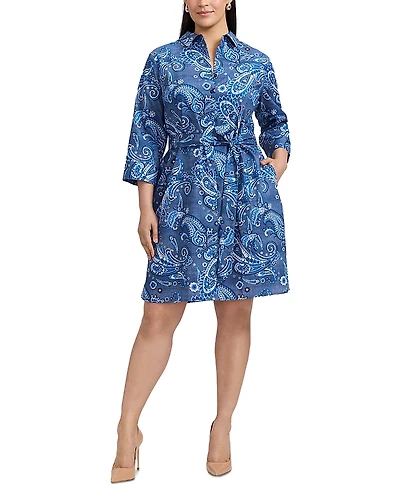 Foxcroft Plus Paisley Button Front 3/4 Sleeve Dress