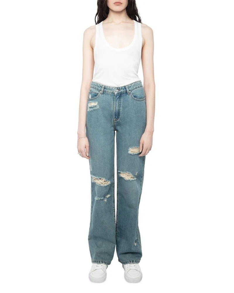 Elio High Rise Distress Jeans Light Blue