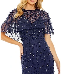 Embellished Illusion Cape Sleeve Trumpet Gown