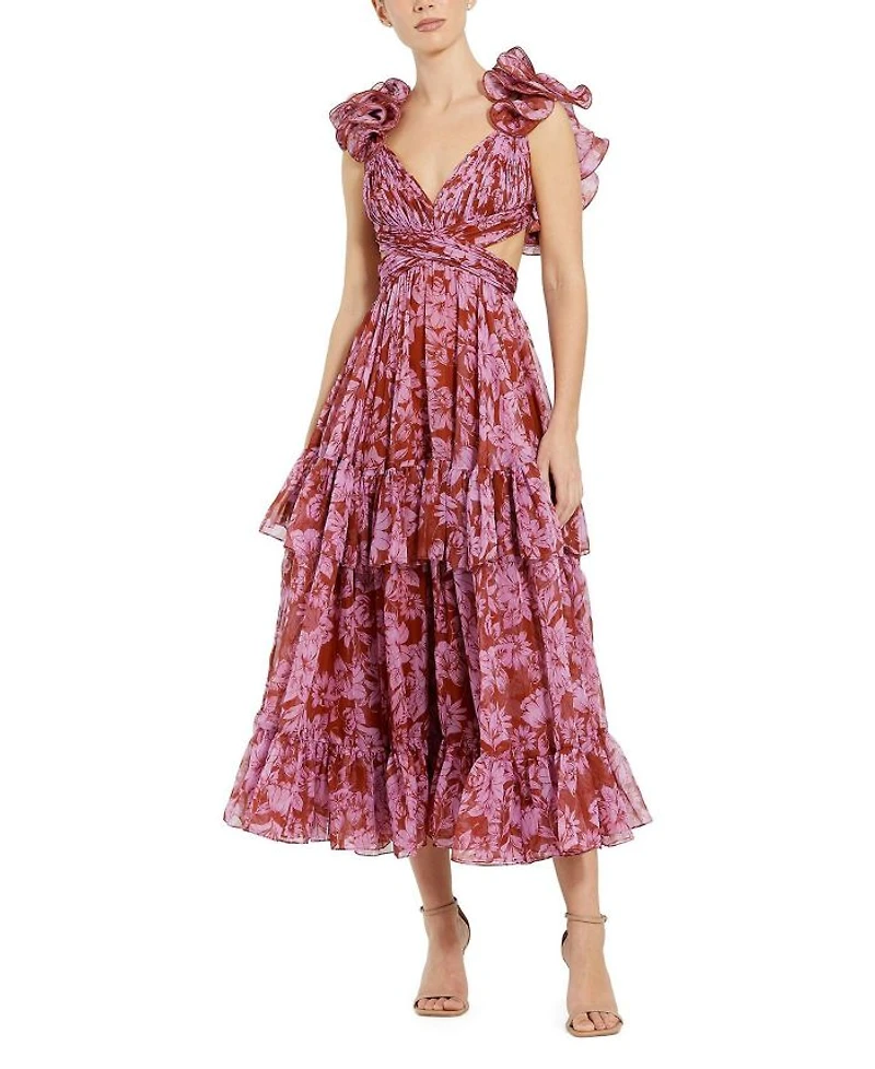 Floral Ruffle Tiered Cut-Out Chiffon Dress
