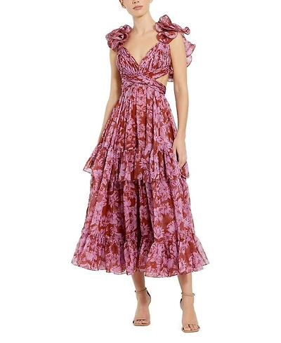 Floral Ruffle Tiered Cut-Out Chiffon Dress