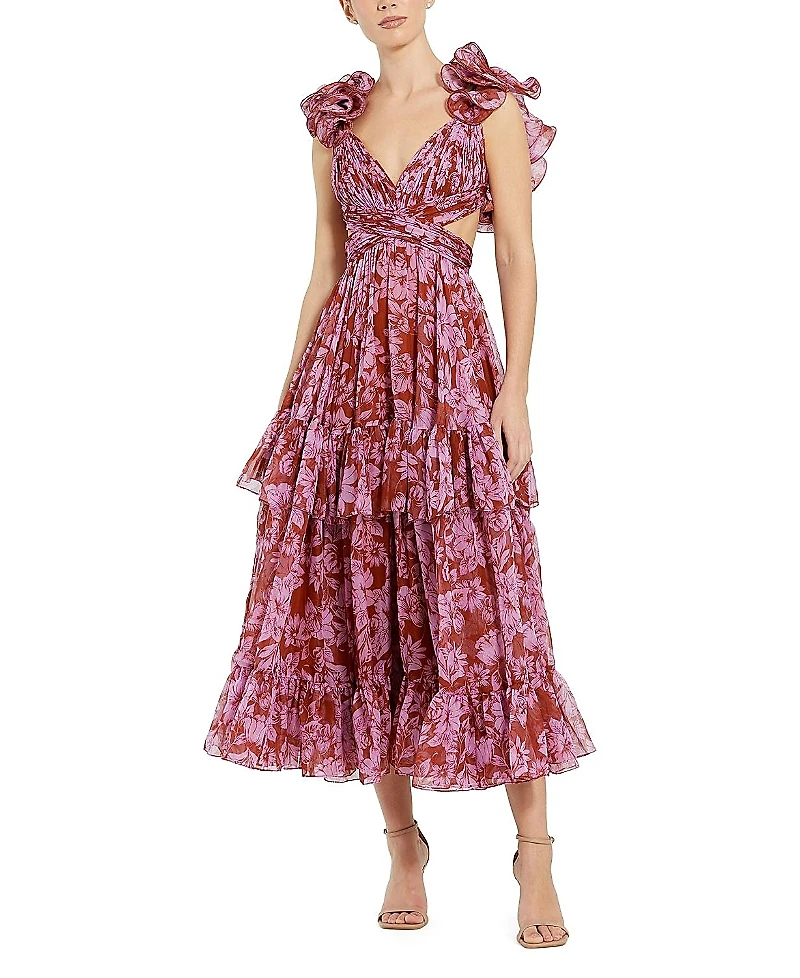Mac Duggal Floral Ruffle Tiered Cut-Out Chiffon Dress