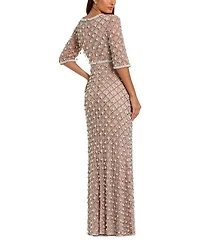 3/4 Sleeve Pearl Embellished Mesh Gown