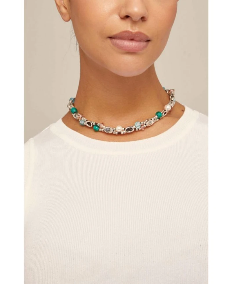 Short Double Leather Strap Necklace with Sterling Silver-Plated Links