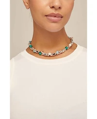 Short Double Leather Strap Necklace with Sterling Silver-Plated Links