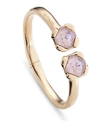 18K Gold Plated Metal Alloy Rigid Bracelet with Inner Spring and Two Pink Faceted Crystals