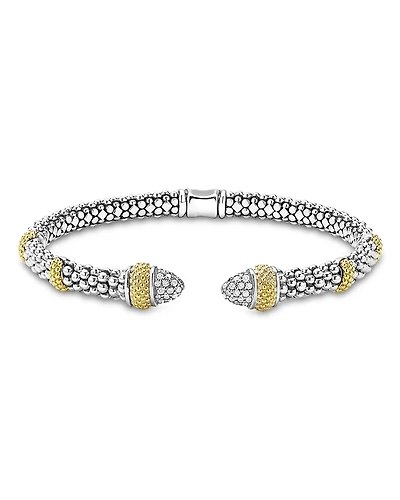 Lagos 18K Yellow Gold & Sterling Silver Caviar Lux Diamond Beaded Cuff Bracelet