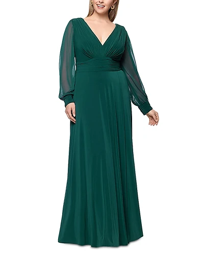 Betsy & Adam Plus Chiffon Long Sleeve V Neck Gown