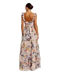 Ruffle Sleeveless Chiffon Tiered Floral Print Gown