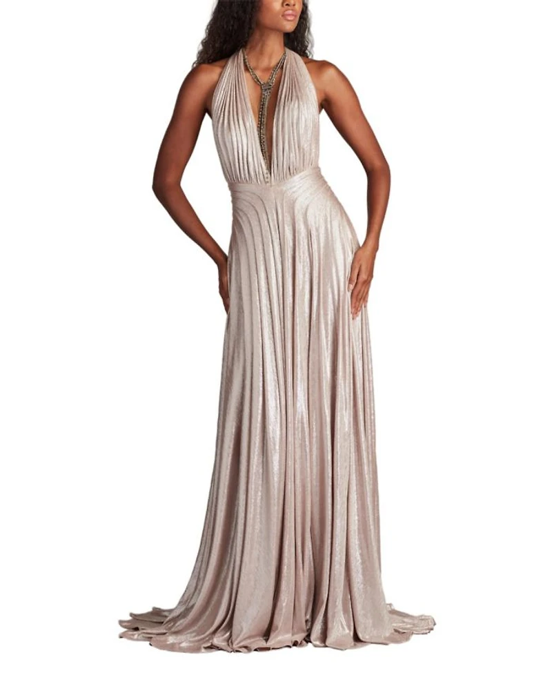 Zarelle Pleated Metallic Halter Gown