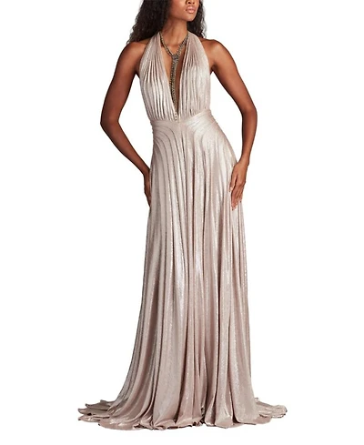 Zarelle Pleated Metallic Halter Gown