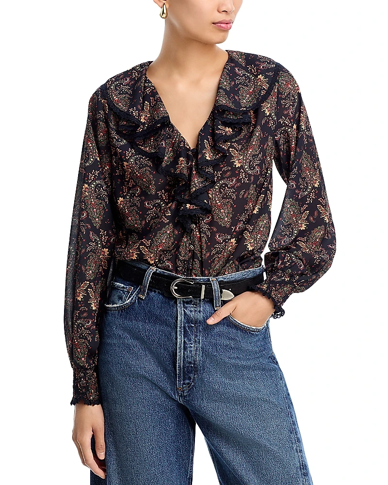 Aqua Paisley Ruffled Boho Blouse - Exclusive