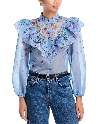 Aqua Placed Floral Ruffled Long Sleeve Blouse - Exclusive