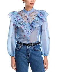Aqua Placed Floral Ruffled Long Sleeve Blouse - Exclusive