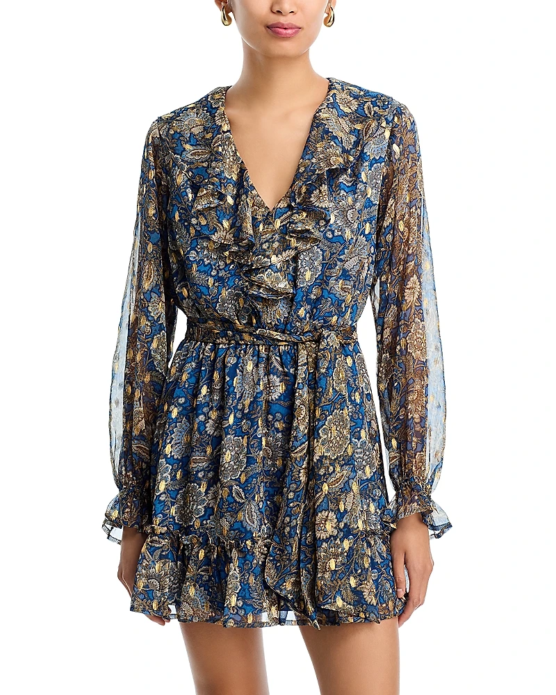 Aqua Metallic Ruffle Trim Boho Dress - Exclusive