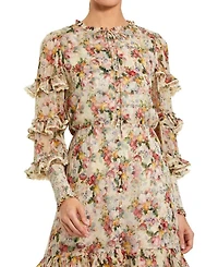 Floral Viscose Long Sleeve Ruffle Midi Dress