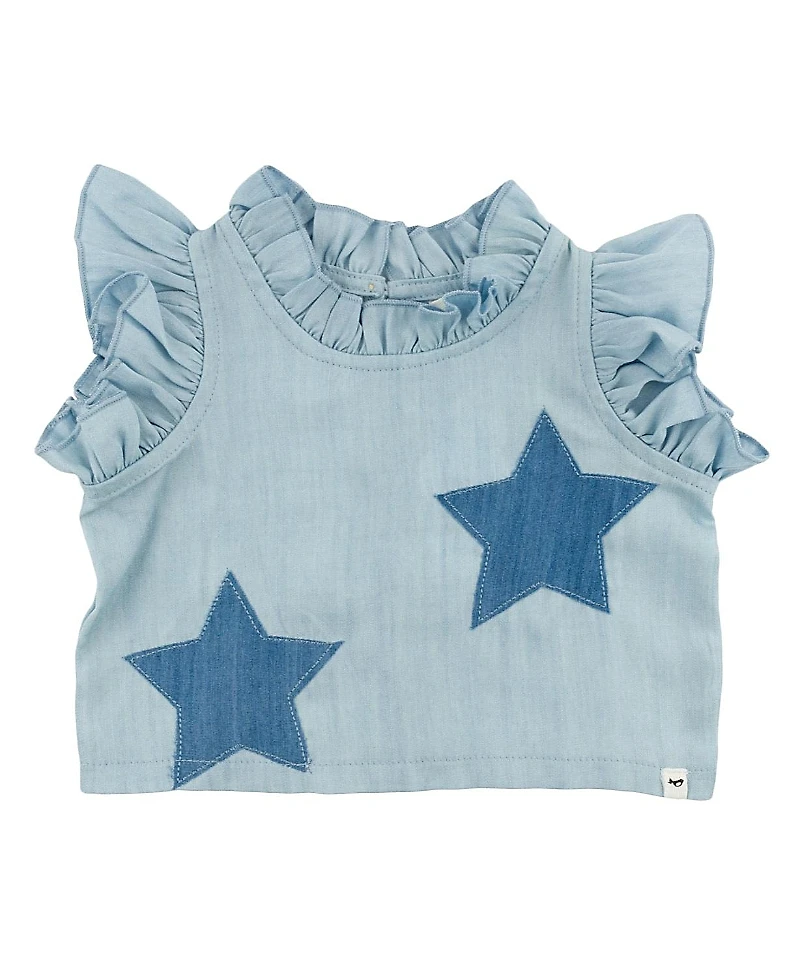 oh baby! Girls' Lola Stars Applique with Ruffle Lyocell Denim Blouse - Baby