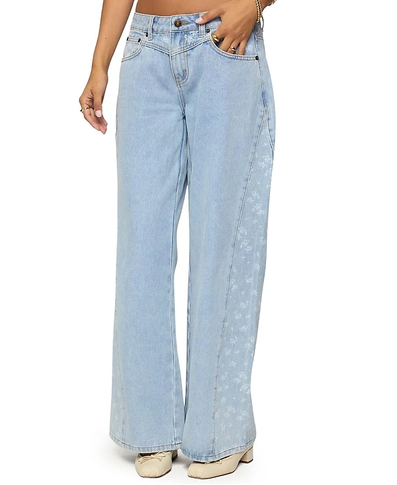 Edikted Floral Split Low Rise Blue Wash Jeans