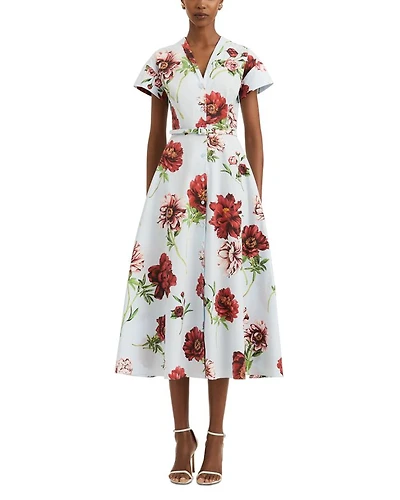 Peony Print Belted Button Front Dress