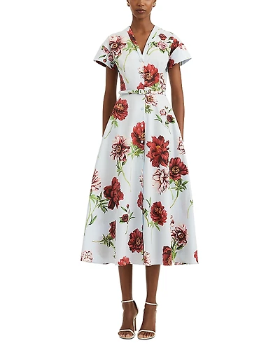 Oscar de la Renta Peony Print Belted Button Front Dress