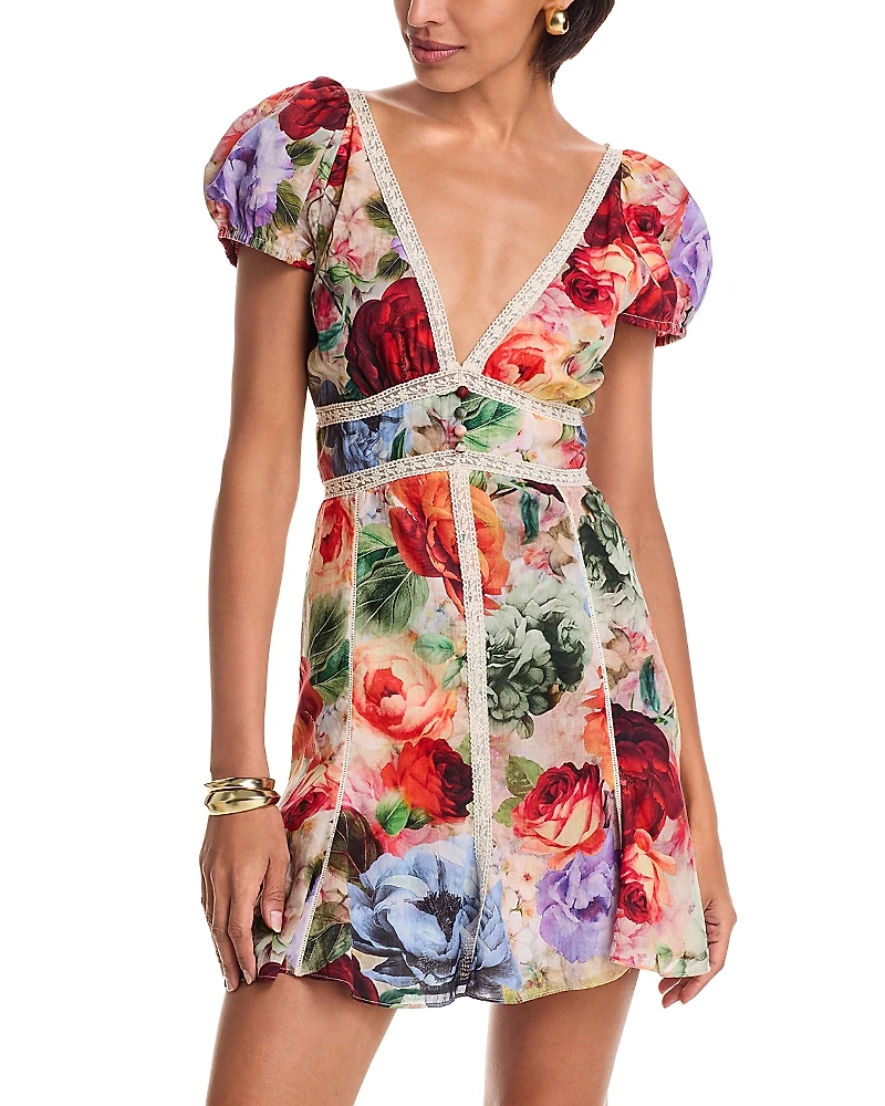 Alice and Olivia Lara Deep V Neck Lace Trim Mini Dress