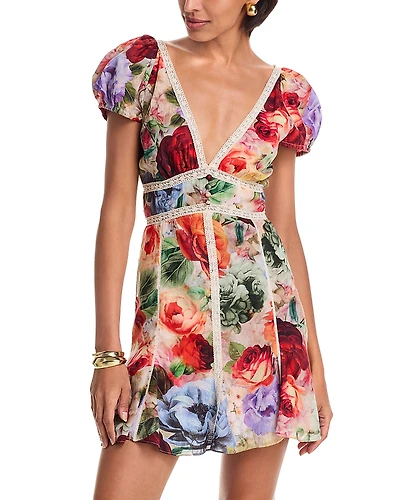 Alice and Olivia Lara Deep V Neck Lace Trim Mini Dress