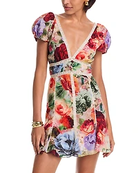 Alice and Olivia Lara Deep V Neck Lace Trim Mini Dress