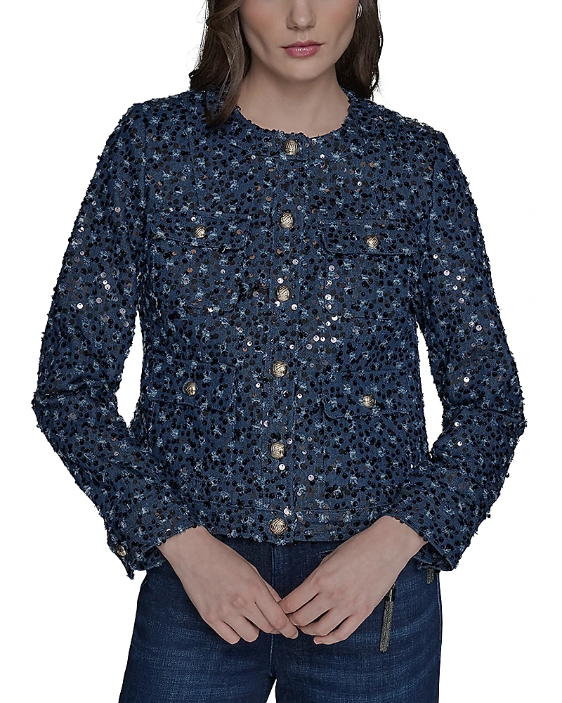 Karl Lagerfeld Paris Collarless Sequin Jacket