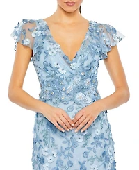Embroidered Applique Wrap Over Flutter Sleeve Gown