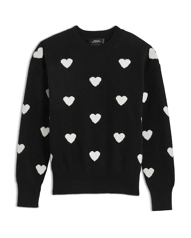 Aqua Girls' Knitted Crewneck Pullover Heart Shaped Jacquard Cashmere Sweater, Big Kid - Exclusive