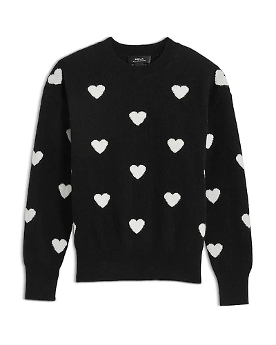 Aqua Girls' Knitted Crewneck Pullover Heart Shaped Jacquard Cashmere Sweater, Big Kid - Exclusive