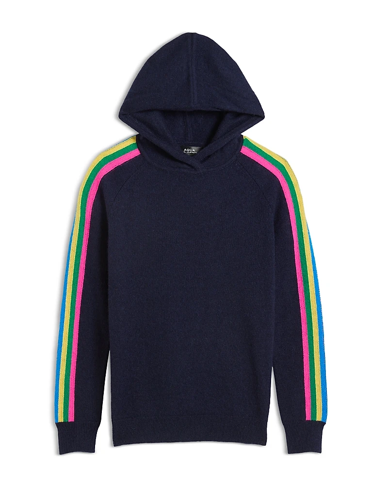 Aqua Girls' Knitted Hooded Striped Sleeve Cashmere Sweater, Big Kid - Exclusive