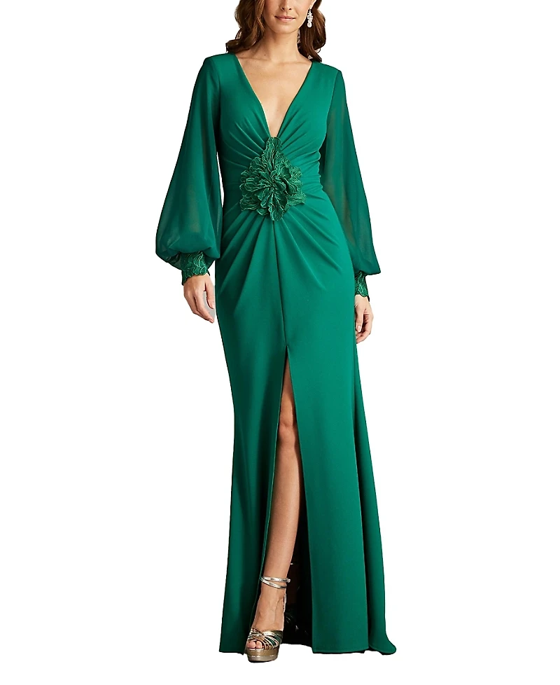 Tadashi Shoji Sahana Bishop Sleeve Plunge Gown