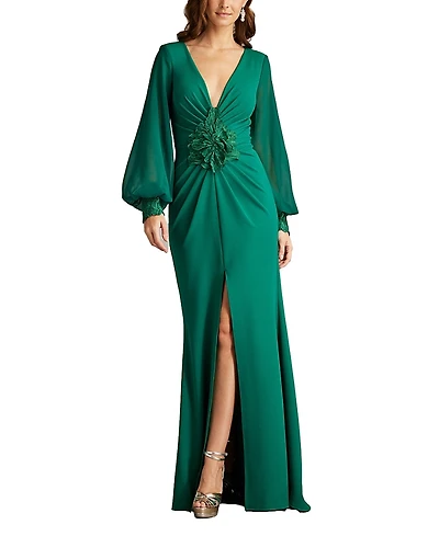 Tadashi Shoji Sahana Bishop Sleeve Plunge Gown