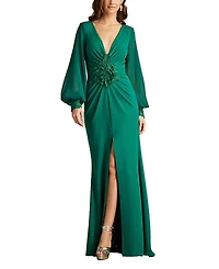 Tadashi Shoji Sahana Bishop Sleeve Plunge Gown